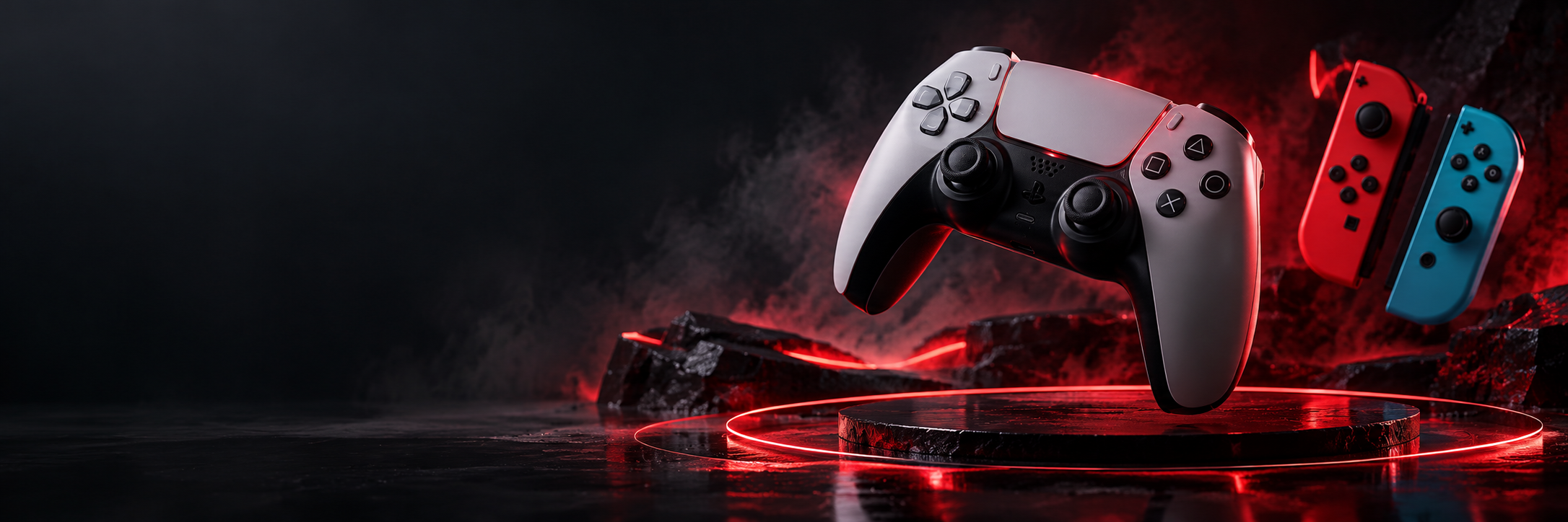 Tay cầm PlayStation 5 và Nintendo Switch trong không gian Gentric